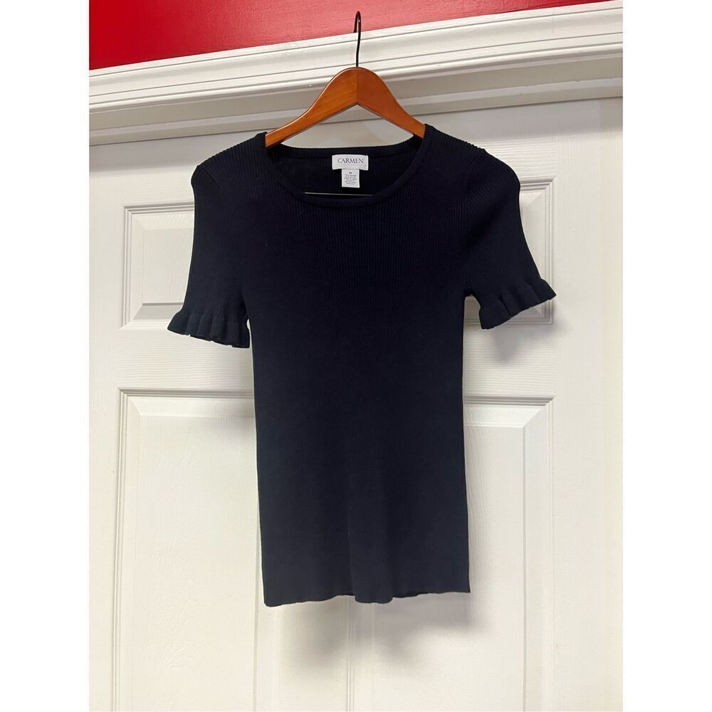 Carmen Marc Valvo Black Ribbed Short Sleeve Flutter Sleeve Sweater sz M EUC